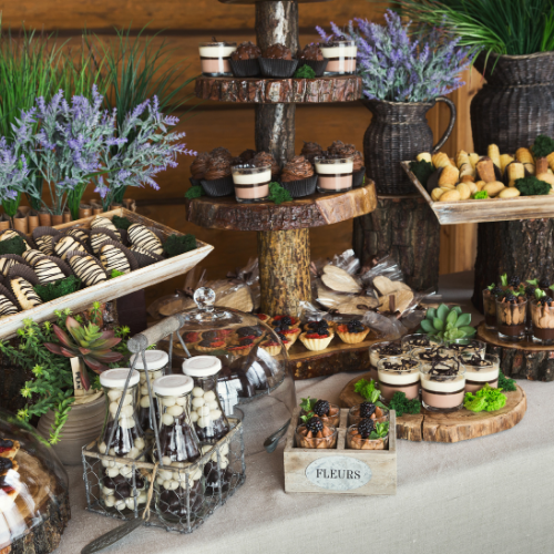desserts on muli tiered shelving at a wedding
